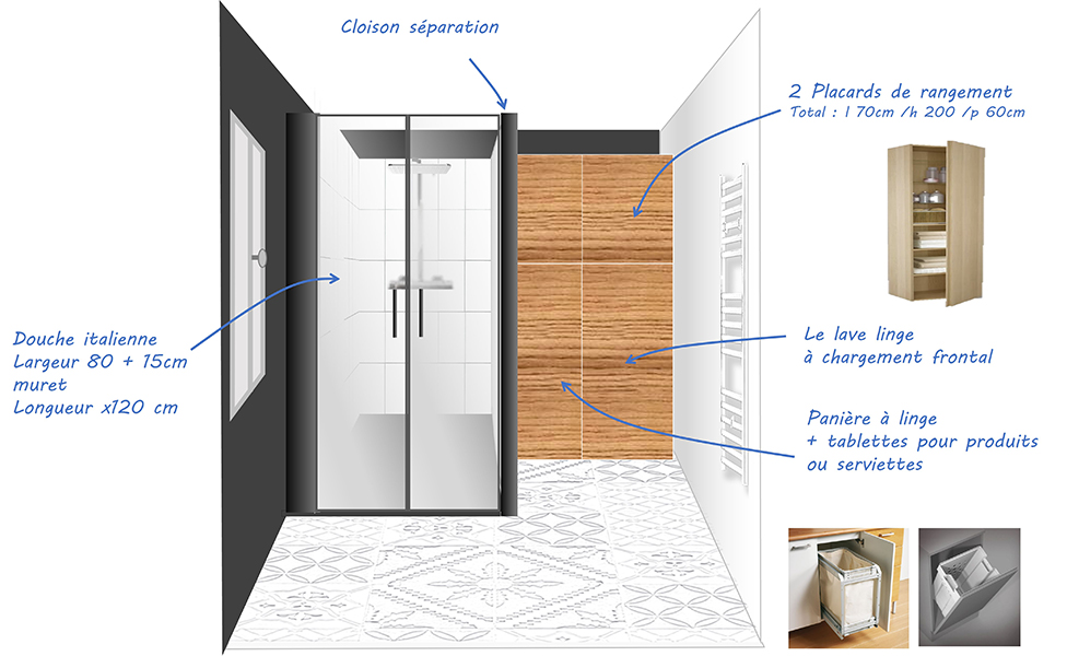 simulation SDB Valou avant/après : la douche italienne